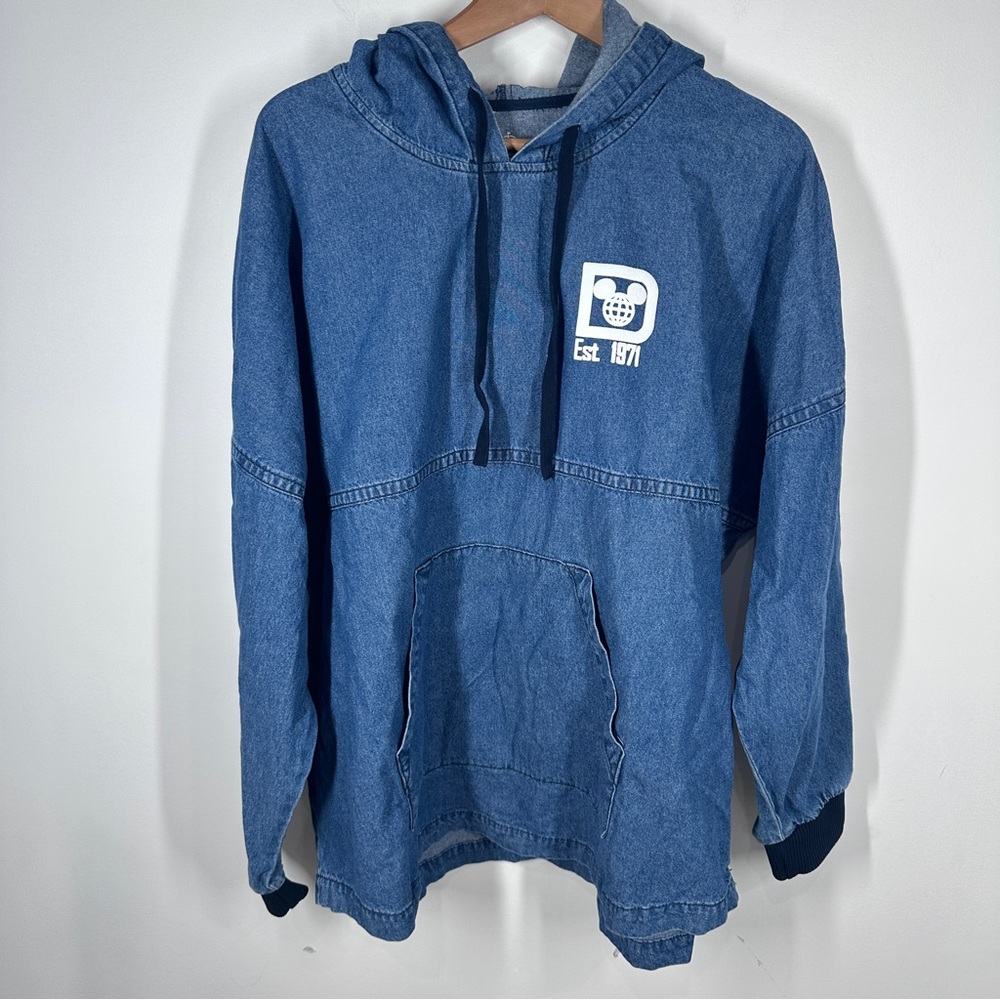 Walt Disney World Denim Spirit Jersey Pullover Size Large Blue Hooded Pocket - Picture 2 of 6